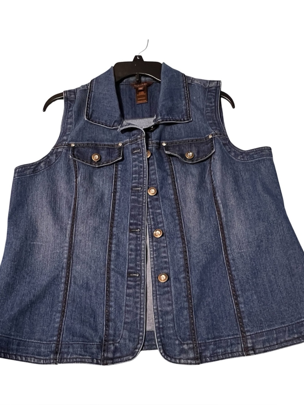 Multiples Button Denim Vest Embellished Back Petite Medium Sleeveless Denim